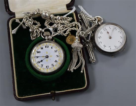 A silver pocket watch with Arabic enamelled dial on elaborate white metal chain and another silver pocket watch with fancy chain